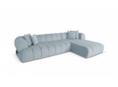 Sofá de esquina de tela gris en forma de L, sofá de diseñador, mueble tapizado con estructura de madera.