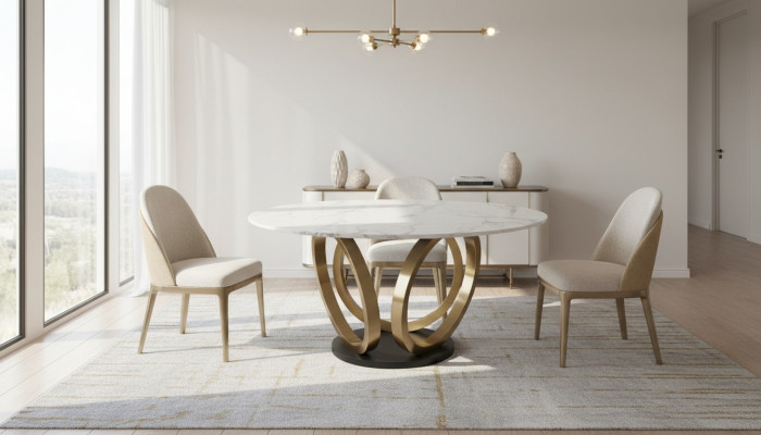 Elegante mesa redonda de comedor blanca con base de acero inoxidable y diseño de tablero de mármol.