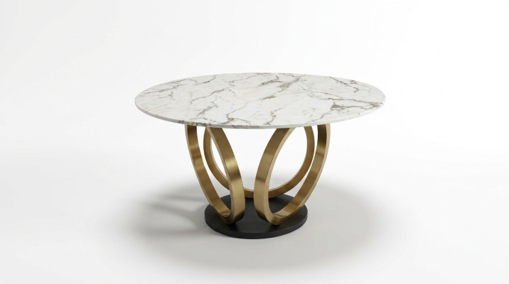 Elegante mesa redonda de comedor blanca con base de acero inoxidable y diseño de tablero de mármol.
