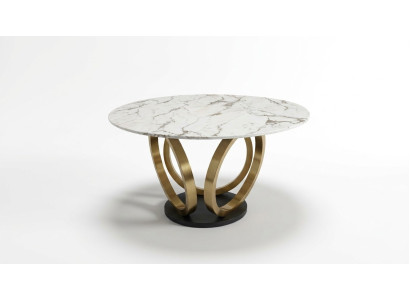 Elegante mesa redonda de comedor blanca con base de acero inoxidable y diseño de tablero de mármol.