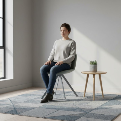 Silla gris de comedor tapizada de diseñador de una plaza con patas de acero inoxidable nuevo.