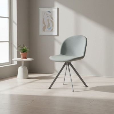 Silla gris de comedor tapizada de diseñador de una plaza con patas de acero inoxidable nuevo.