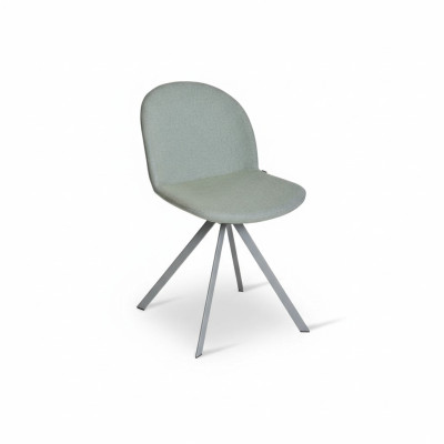 Silla gris de comedor tapizada de diseñador de una plaza con patas de acero inoxidable nuevo.