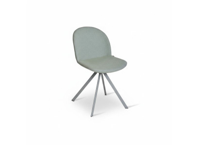Silla gris de comedor tapizada de diseñador de una plaza con patas de acero inoxidable nuevo.