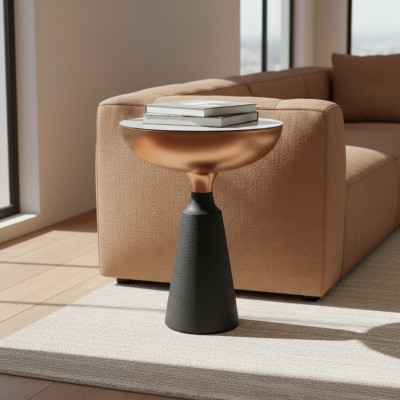 Elegante mesa auxiliar redonda de diseñador para sala de estar con tapa de vidrio.