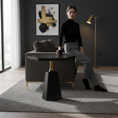Elegante mesa auxiliar negra de seis lados para sala de estar, mesa de centro.
