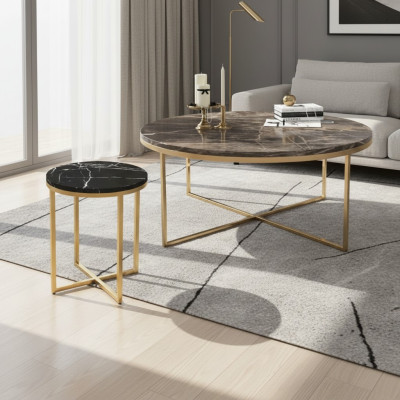 Lujo Mesa de centro redonda con mesa auxiliar de diseño de acero inoxidable set.