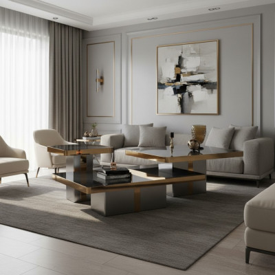 Juego de mesa de café cuadrado de lujo con 3 mesas auxiliares - muebles de sala de estar.