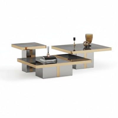 Juego de mesa de café cuadrado de lujo con 3 mesas auxiliares - muebles de sala de estar.