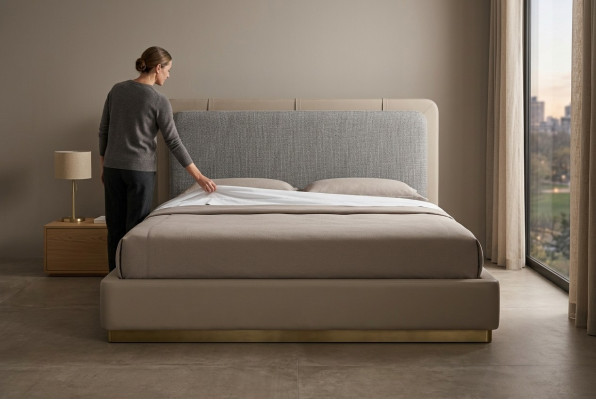 Dormitorio beige cama de madera diseño moderno 180x200 camas muebles