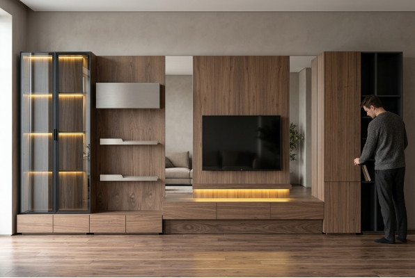 Sala de estar, conjunto de pared, aparador bajo para TV, madera marrón, muebles, televisor, nuevo, XXL, 530 cm.