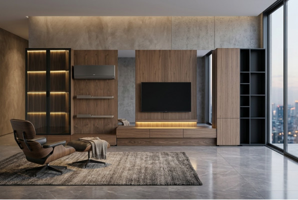 Sala de estar, conjunto de pared, aparador bajo para TV, madera marrón, muebles, televisor, nuevo, XXL, 530 cm.