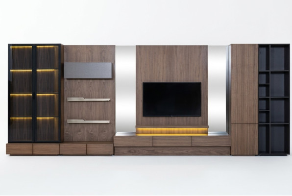 Sala de estar, conjunto de pared, aparador bajo para TV, madera marrón, muebles, televisor, nuevo, XXL, 530 cm.