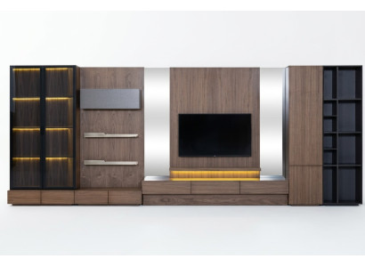 Sala de estar, conjunto de pared, aparador bajo para TV, madera marrón, muebles, televisor, nuevo, XXL, 530 cm.
