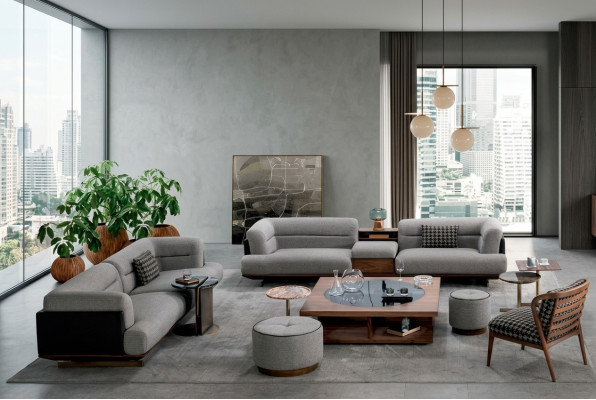Conjunto de salón de lujo en gris , sofá con sillón, 2 taburetes, diseño moderno.