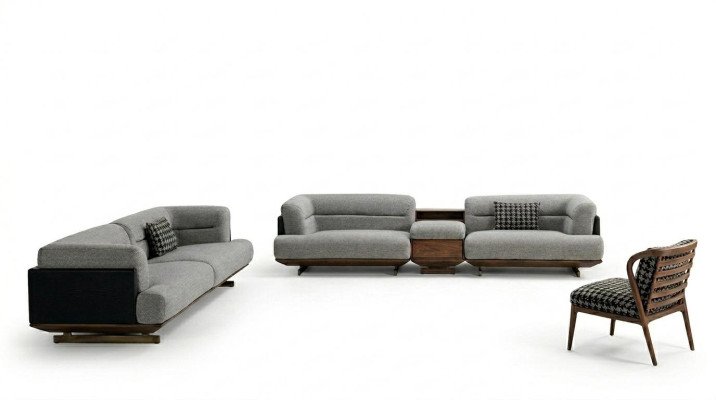 Conjunto de salón de lujo en gris , sofá con sillón, 2 taburetes, diseño moderno.
