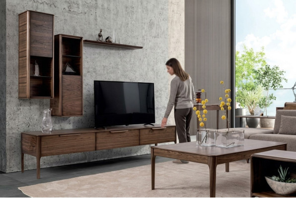 Conjunto de sala de estar, mueble de pared con estante y soporte para TV, diseño moderno de pared de sala.