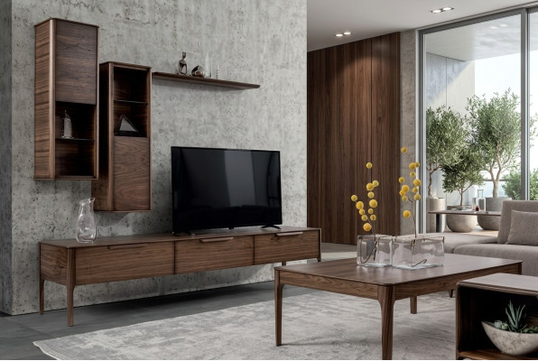 Conjunto de sala de estar, mueble de pared con estante y soporte para TV, diseño moderno de pared de sala.