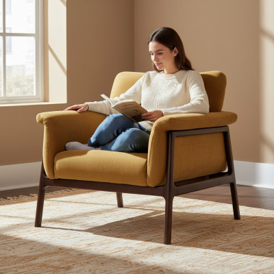 Sillón para sala de estar de lujo, diseño moderno, madera con tela salón club