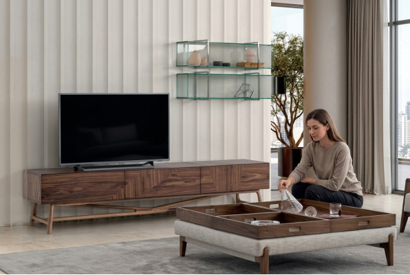Soporte de TV para sala de estar con 2 estantes de pared, diseño de lujo aparador moderno.