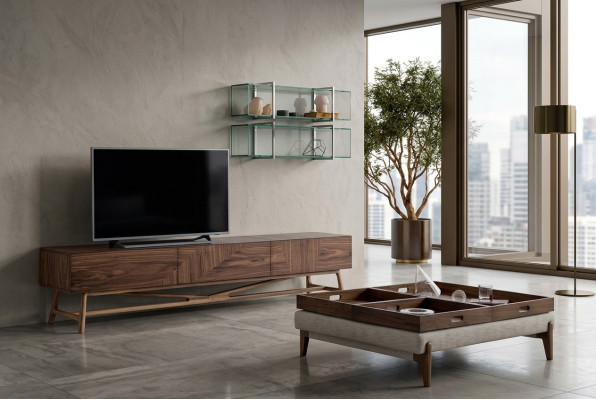 Soporte de TV para sala de estar con 2 estantes de pared, diseño de lujo aparador moderno.