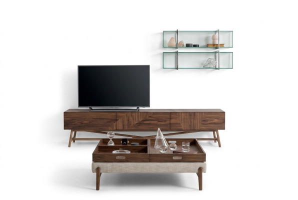 Soporte de TV para sala de estar con 2 estantes de pared, diseño de lujo aparador moderno.