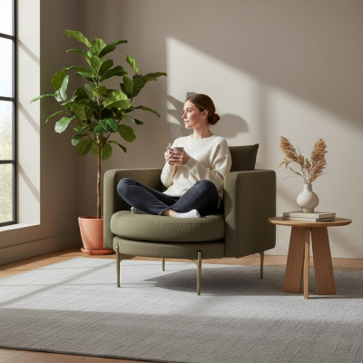 Sillón de diseño moderno para sala de estar de madera con tela lounge club redondo.