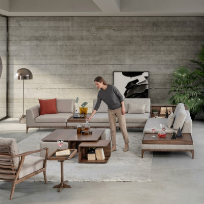 Sofá de esquina en L de madera para la sala de estar, sofá esquinero, lujosos muebles.