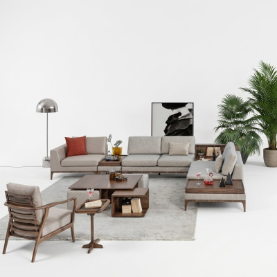 Sofá de esquina en L de madera para la sala de estar, sofá esquinero, lujosos muebles.
