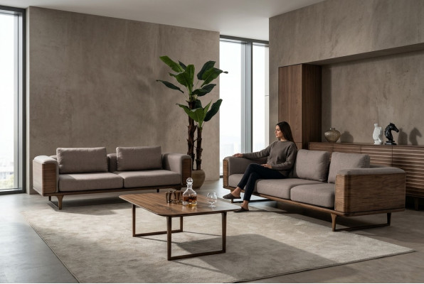 Diseñar conjunto de sala de estar 2 sofás con mesa de centro de lujo de madera con textil.