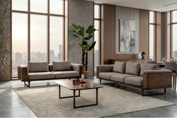 Diseñar conjunto de sala de estar 2 sofás con mesa de centro de lujo de madera con textil.