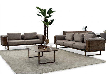 Diseñar conjunto de sala de estar 2 sofás con mesa de centro de lujo de madera con textil.