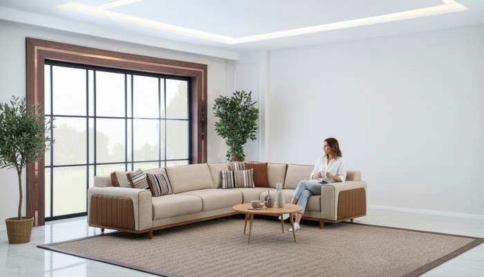 Sofá esquinero en forma de L para sala de estar, muebles de lujo modernos, sofá esquinero beige.