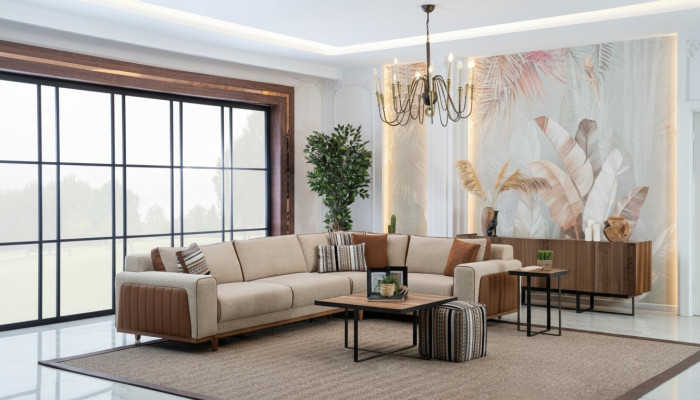 Sofá esquinero en forma de L para sala de estar, muebles de lujo modernos, sofá esquinero beige.