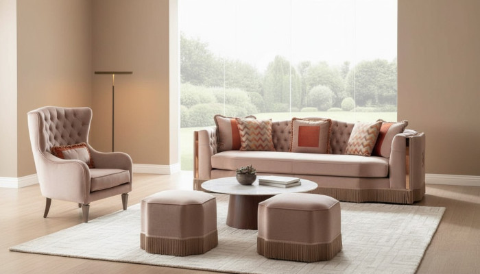 Salón de lujo con elegante sofá de 4 plazas, sillón y 2 taburetes. Muebles elegantes.