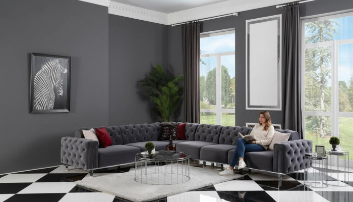 Sofá esquinero moderno en forma de L para sala de estar, color gris, madera, textil, sofás.