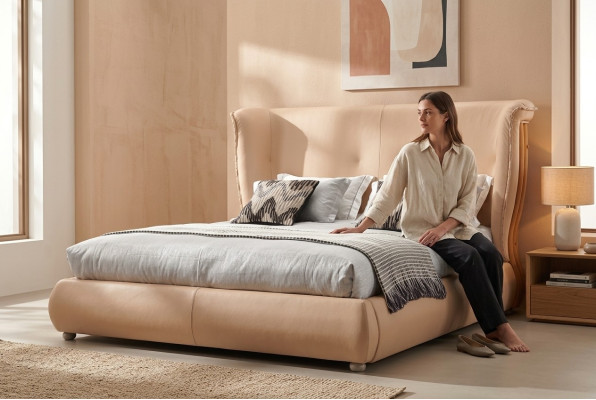 Cama beige habitación camas dobles camas de madera muebles de cuero