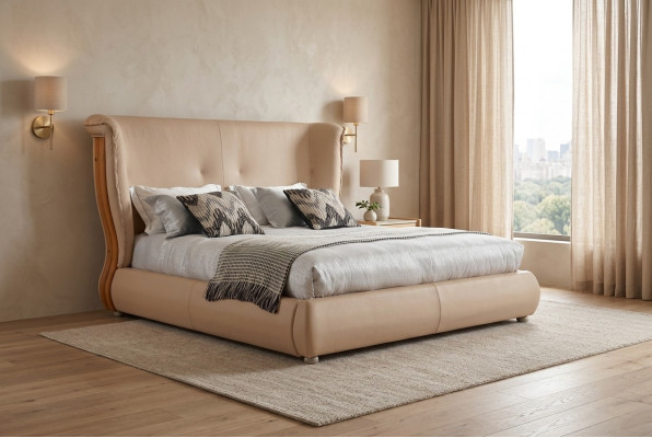 Cama beige habitación camas dobles camas de madera muebles de cuero