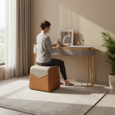 Mesa de maquillaje beige de diseñador, mesa de madera moderna, muebles de lujo para dormitorio.