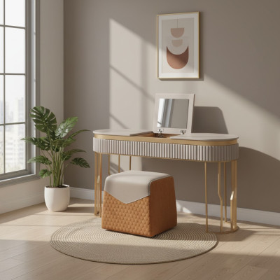 Mesa de maquillaje beige de diseñador, mesa de madera moderna, muebles de lujo para dormitorio.