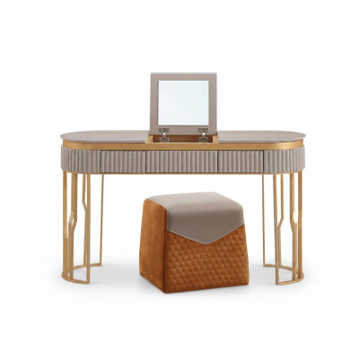 Mesa de maquillaje beige de diseñador, mesa de madera moderna, muebles de lujo para dormitorio.