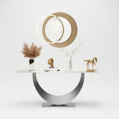 Diseñador de consolas de lujo moderno, mesa consola de acero inoxidable diseño plateado.