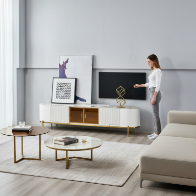 Mueble de TV de lujo bajo, soporte de TV, aparador, de madera blanco moderno para la sala de estar.