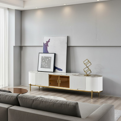 Mueble de TV de lujo bajo, soporte de TV, aparador, de madera blanco moderno para la sala de estar.