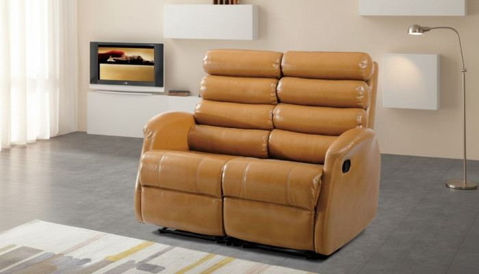 Moderno sofá biplaza de cuero sintético, sofá de diseño, asiento para sala de estar, muebles marrones.