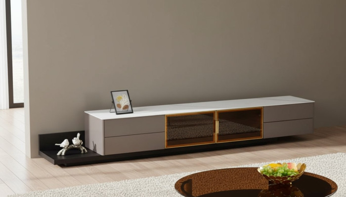 Muebles modernos para salón, mueble bajo de televisión, armario RTV, estantería, muebles de madera, gris, nuevo.