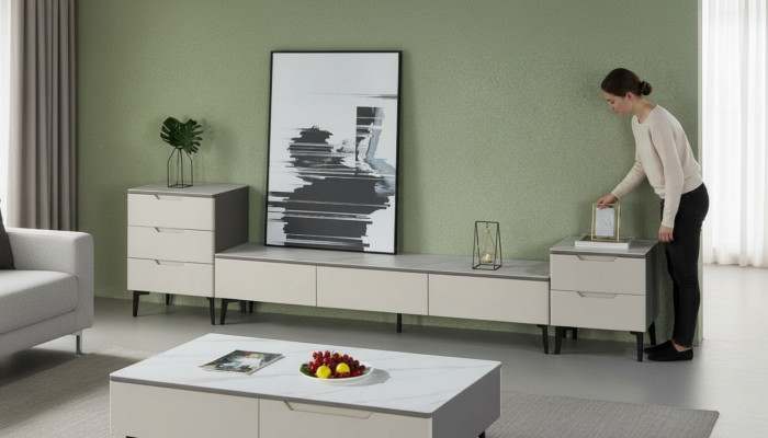 Mueble de televisión soporte de TV RTV Lowboard de lujo en madera moderna gris para la sala de estar.