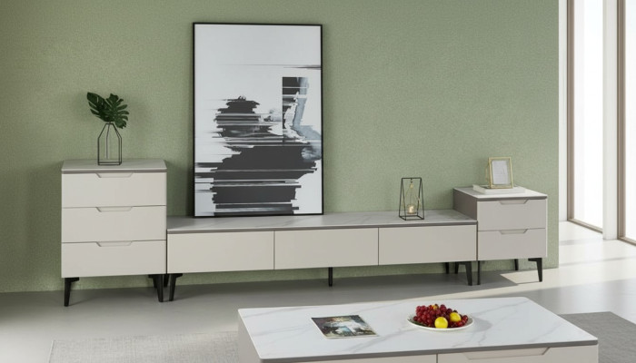 Mueble de televisión soporte de TV RTV Lowboard de lujo en madera moderna gris para la sala de estar.