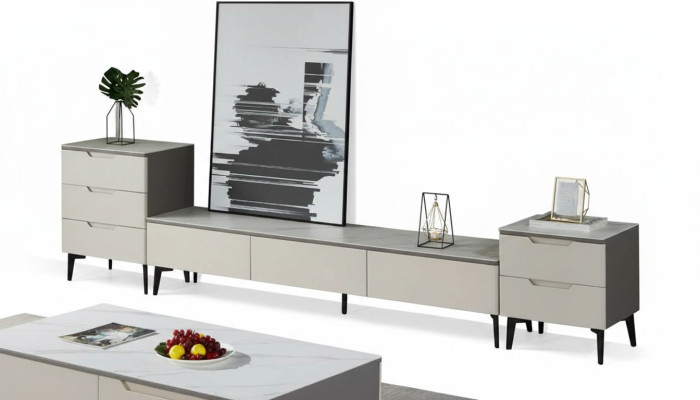 Mueble de televisión soporte de TV RTV Lowboard de lujo en madera moderna gris para la sala de estar.