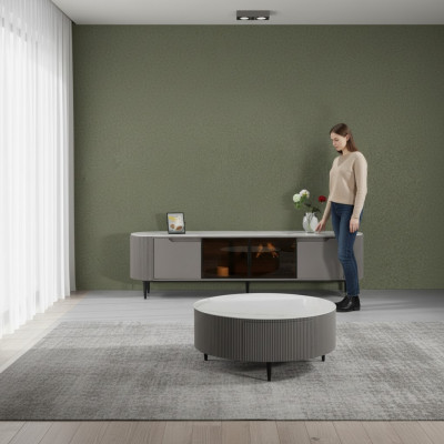 Mueble de televisión RTV en gris de madera de diseño de lujo para la sala de estar.